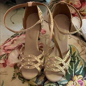 Embellished Blush Strappy Heels with Ankle Strap